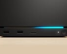 Vue avant de la Valve Steam Machine avec deux ports USB, un port USB-C, une LED d'alimentation, un bouton d'alimentation rond et une bande LED bleue. (Source de l'image : Valve)