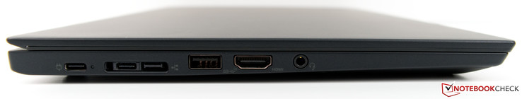 Côté gauche : 2 USB C 3.1 (Gen.2 avec DisplayPort), Mini-Ethernet/port pour station d'accueil, USB A 3.1 (Gen.2), HDMI 2.0, jack stéréo 3,5 mm.