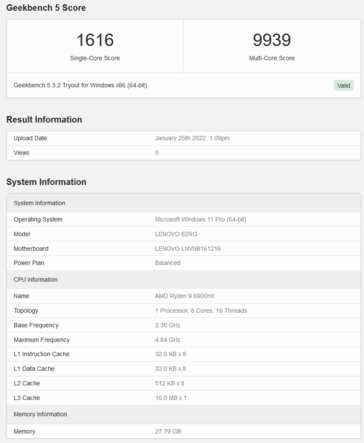 AMD Ryzen 9 6900HX sur Geekbench (image via Geekbench)