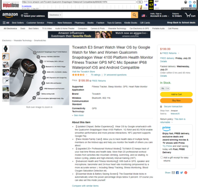 Mobvoi a décrit la TicWatch E3 comme ayant le Wear 4100 en juillet. (Image source : Web Archive &amp; Amazon)