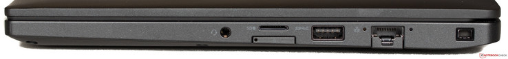 Côté droit : entrée / sortie audio, emplacement tiroir micro SD et micro SIM (désactivé), USB 3.1, Ethernet, verrou de sécurité Noble.