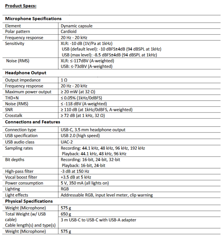 Spécifications du HyperX FlipCast (source de l'image : HP)
