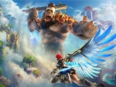 Fenyx s'envole avec des ailes bleues incandescentes tout en affrontant un imposant géant de feu dans le monde ouvert mythique d'Immortals Fenyx Rising. (Source de l'image : Ubisoft)