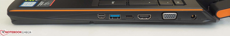 Côté droit: Mini DisplayPort 1.2, USB 3.0, Thunderbolt 3, HDMI 2.0, VGA, prise d'alimentation