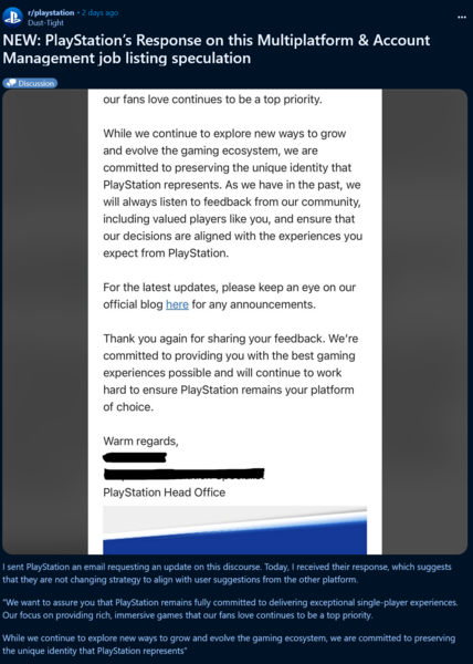 Réponse de PlayStation à la plainte concernant les jeux PS5 multiplateformes (Source : capture d'écran, PlayStation subreddit)