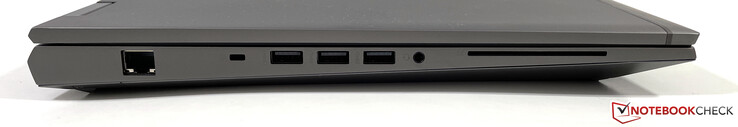 Côté gauche : Ethernet, emplacement pour une serrure de sécurité nano, 3x USB 3.2 Gen 1 (1x alimenté), jack stéréo 3.5 mm, SmartCard