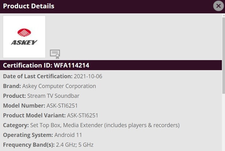 La "Verizon Stream TV Soundbar" apparaît dans de nouvelles fuites. (Source : Wi-Fi Alliance via Android TV Guide)