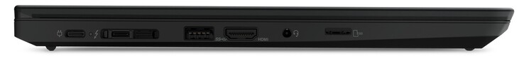 Côté gauche : 2x Thunderbolt 4 (alimentation, comprend DisplayPort 1.4, PD 3.0), port d'accueil, 1x USB-A 3.2 Gen 2, HDMI 2.0, prise audio combinée, lecteur de carte microSD