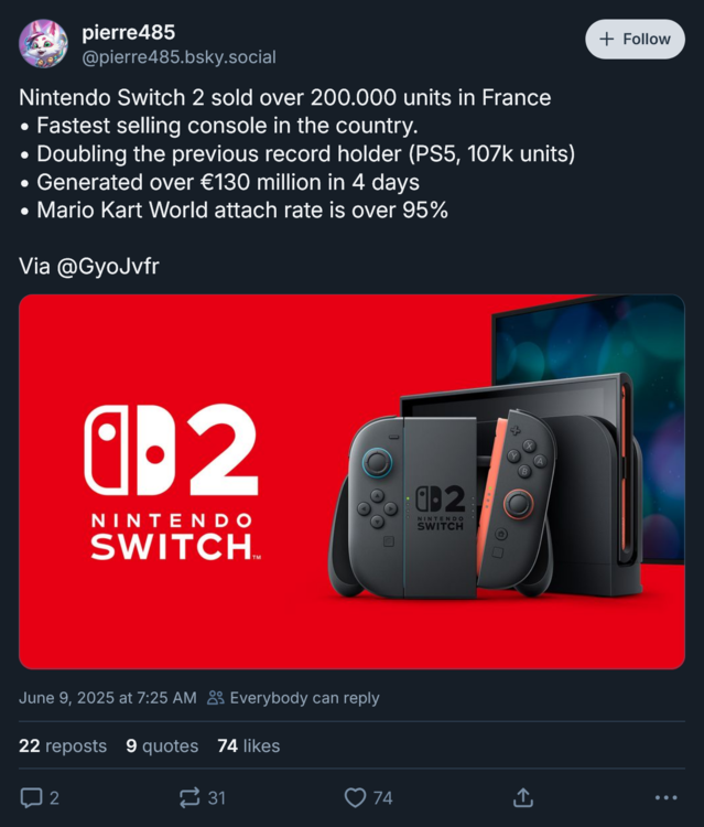Ventes de la console Switch 2 en France (Source de l'image : capture d'écran, compte Bluesky de pierre485)