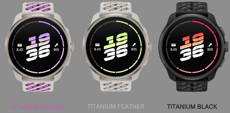 La montre connectée Suunto Race 3S est disponible en Titanium Orchid, Titanium Feather et Titanium Black.