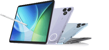 Tablette Blackview Zeno 6 avec un stylet, présentée aux côtés de panneaux arrière violets, bleus et gris.