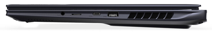 Côté droit : combo audio, lecteur de carte mémoire (MicroSD), USB 3.2 Gen 2 (USB-C ; DisplayPort), USB 3.2 Gen 2 (USB-A)