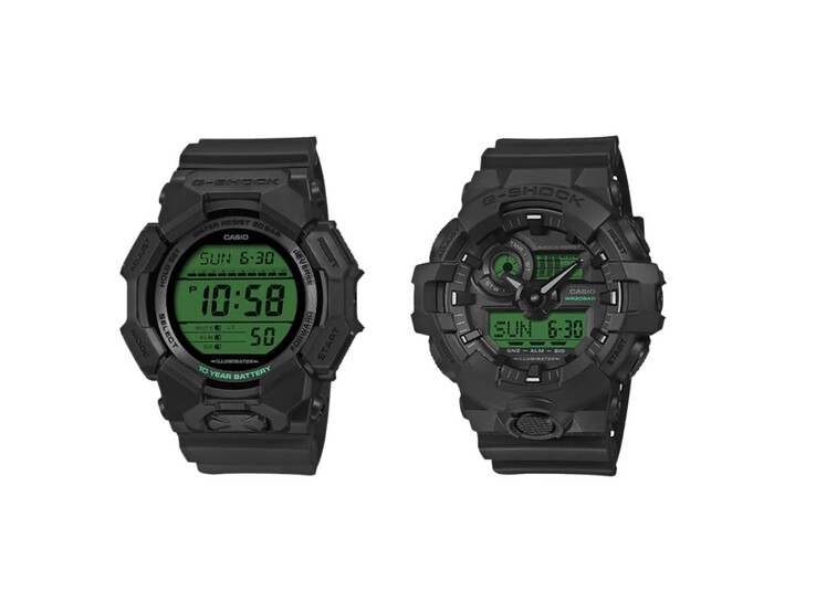 De gauche à droite : les montres Casio G-Shock GD-010BEG-1 et GA-700BEG-1A
