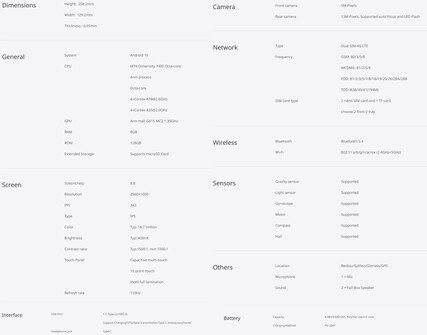 Fiche technique complète de la tablette