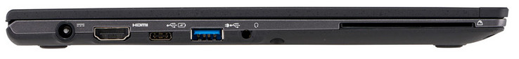 Côté gauche : entrée secteur in, HDMI, 2 USB 3.1 Gen 1 (USB C, 1 USB A), combo audio jack, lecteur de carte à puce.
