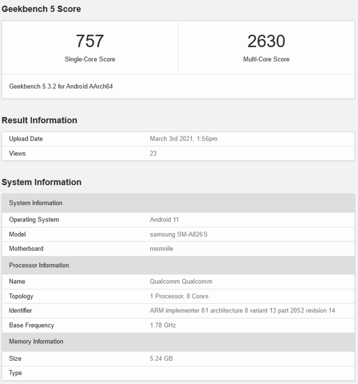 Samsung Galaxy A82 sur Geekbench (image via Geekbench)