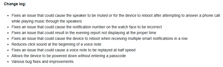 Le journal des modifications de la version bêta 15.10 de la smartwatch Garmin Venu 4. (Source de l'image : Garmin)