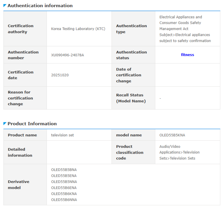 Capture d'écran de la liste récente de la base de données Safety Korea avec les numéros de modèle des téléviseurs LG B5 et B6. (Source de l'image : LG)