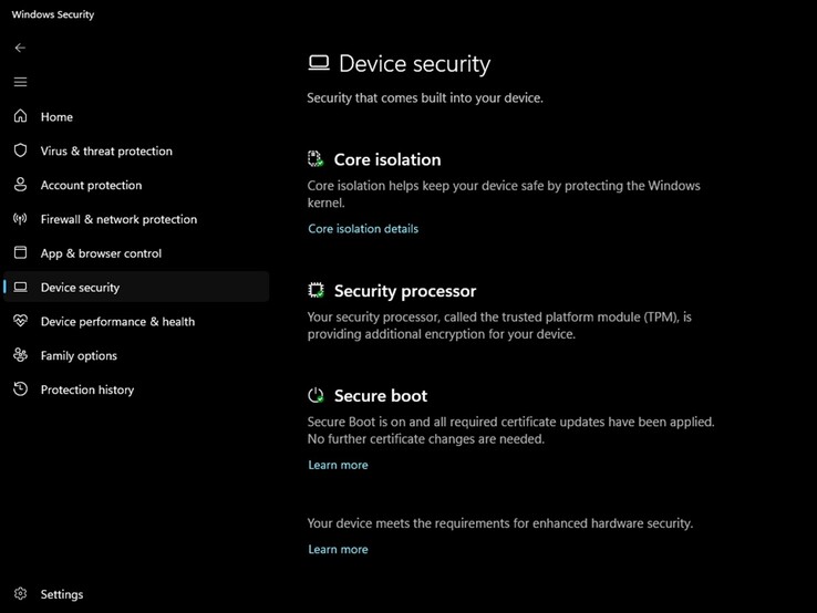 La page « Sécurité de l'appareil » de l'application Sécurité Windows affiche l'indicateur de statut officiel vert.