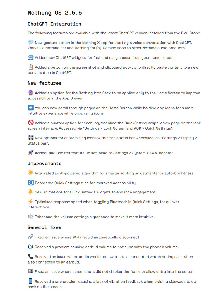 Nothing OS 2.5.5 for Nothing Phone 1 changelog (Image source : Nothing)