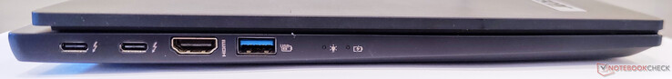 A gauche : 2x Thunderbolt 4, sortie HDMI, USB 3.2 Gen2 Type-A, LED de mise sous tension, LED de batterie
