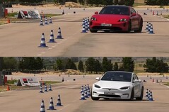 La Porsche Taycan GTS a l'air nettement plus posée que la Tesla Model S Plaid, même si elle a techniquement perdu le test de l'élan. (Source de l'image : km77 sur YouTube)