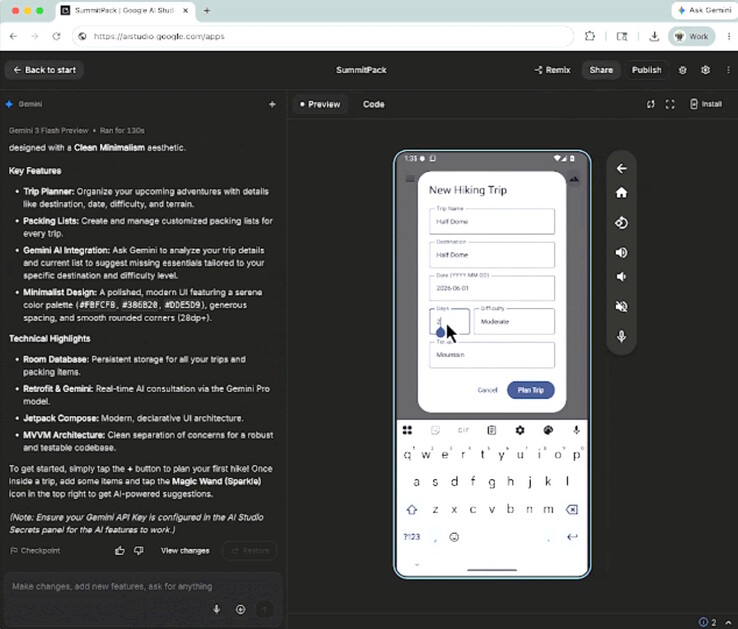 Les applications Gemini AI Studio codées par Vibe peuvent être exécutées dans l'émulateur de téléphone Android en ligne ou installées sur des téléphones locaux à des fins de test.