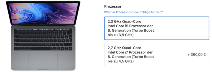 Apple propose deux CPU pour le nouveau MacBook Pro 2018 (source : Apple).