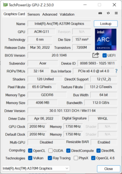 Intel Arc A370M avec TGP de 35W
