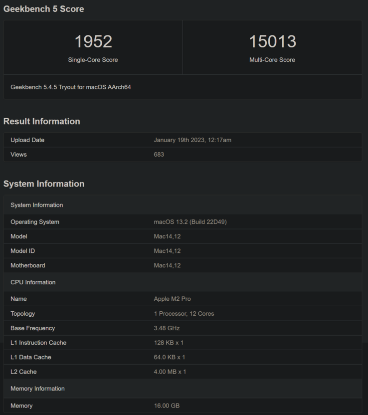 Apple Liste Geekbench du M2 Pro (image via Geekbench)