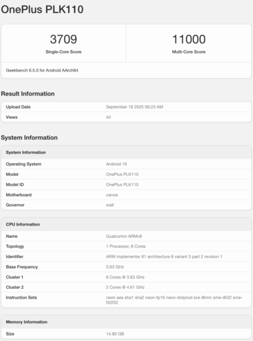 Le OnePlus 15 équipé du Snapdragon 8 Elite Gen 5 apparaît sur Geekbench. (Source de l'image : Geekbench)