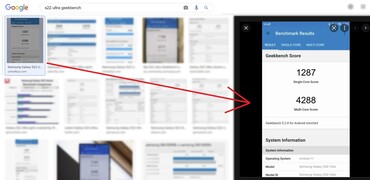 résultat de la recherche "S22 Ultra Geekbench". (Image source : via Google - édité)