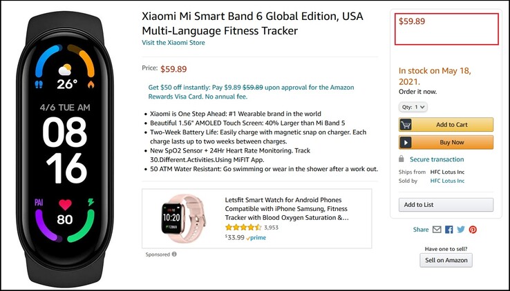 Xiaomi Mi Smart Band 6 Global Edition. (Image source : Amazon)