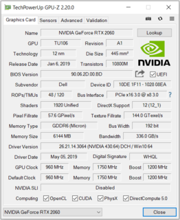 GeForce RTX 2060 GPU-Z tiré du Dell G5 15 5590