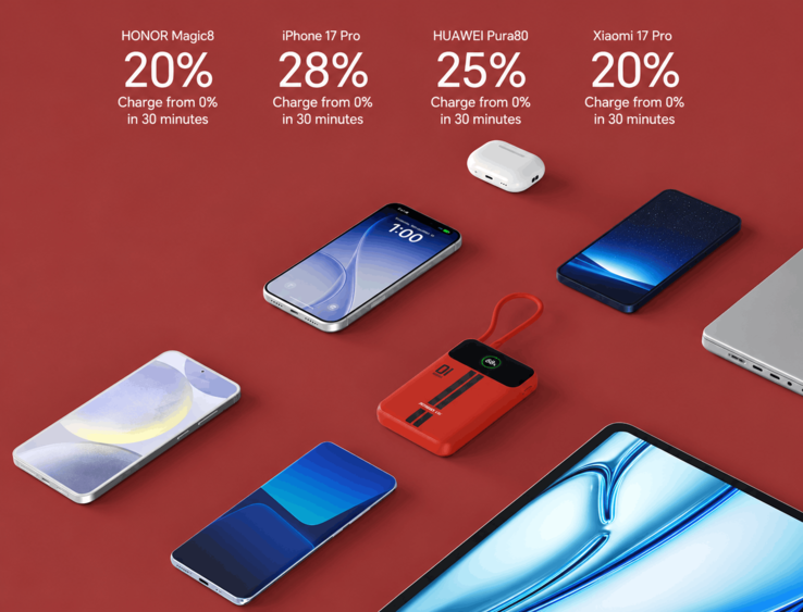 Batterie externe Honor Life présentée aux côtés de smartphones, d’écouteurs sans fil et d’un ordinateur portable