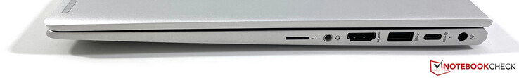 À droite : lecteur microSD, audio 3,5 mm, HDMI 1.4b, USB-A 3.2 Gen.1, USB-C 3.2 Gen.2 (DisplayPort 1.4), alimentation
