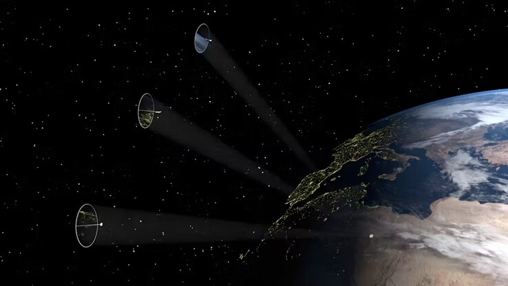 Image montrant des satellites redirigeant la lumière du soleil vers un point précis de la Terre. (Source de l'image : Andrea Viale, Université de Glasgow, NASA)