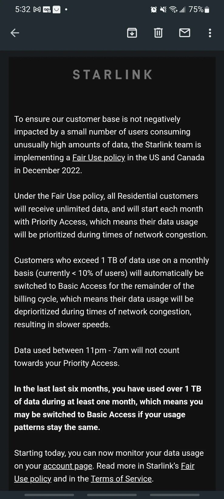 Le message de plafonnement des données que SpaceX a envoyé aux utilisateurs de Starlink depuis vendredi