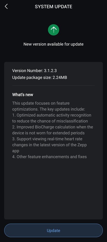 Les notes de mise à jour de la version 3.1.2.3 du logiciel pour l'Amazfit Helio Strap. (Source de l'image : u/FluffyMousse6975 via Reddit)