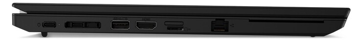 Côté gauche : 1x USB-C 3.2 Gen1 (connexion d'alimentation), 1x Thunderbolt 4, port d'accueil, 1x USB-A 3.2 Gen1, HDMI, lecteur de carte microSD, GigabitLAN, lecteur de carte à puce