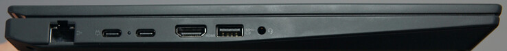 Connexions à gauche : 1 Gigabit LAN, USB4 (40 Gbit/s, DP), USB-C (10 Gbit/s), HDMI, USB-A (5 Gbit/s), casque d'écoute