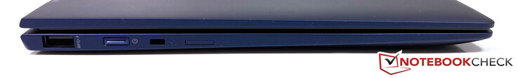 Côté gauche : USB A 3.1 Gen.1, verrou de sécurité, bouton de démarrage, emplacement Nano pour carte SIM.