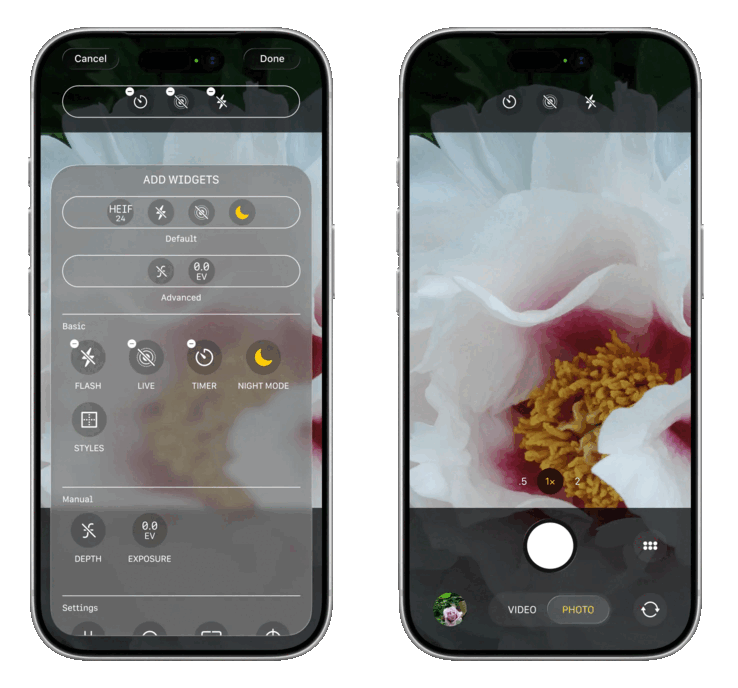 L'application Appareil photo d'iOS 27 devrait être repensée pour être entièrement personnalisable avec un éventail d'options de contrôle (à gauche), tandis que l'interface principale de prise de photos devrait placer les commandes en haut au centre