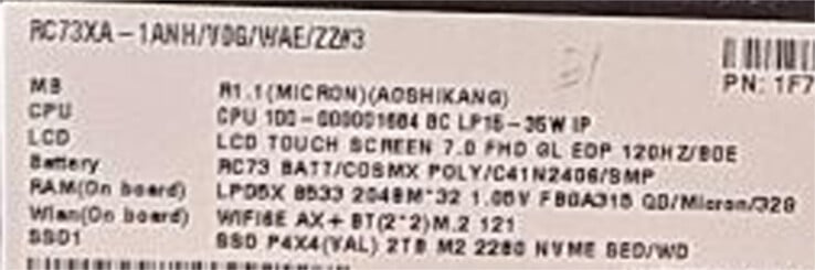 Spécifications du ROG Ally 2 RC73XA. (Source de l'image : via @94G8LA)