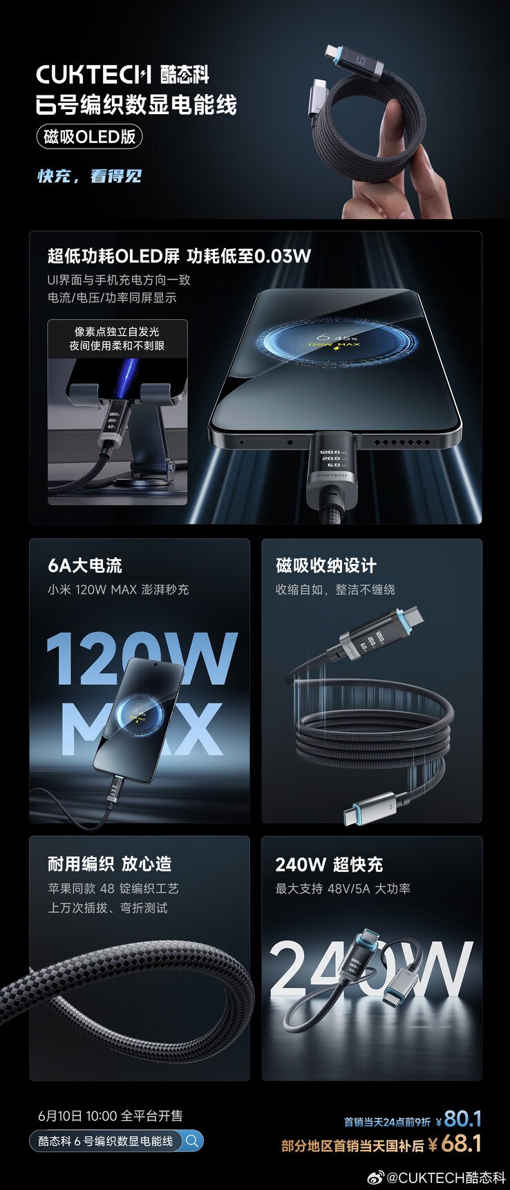 Une affiche pour le câble d'alimentation de l'écran numérique 6 tresses de Cuktech (version OLED magnétique). (Source de l'image : Cuktech via Weibo, machine traduite)