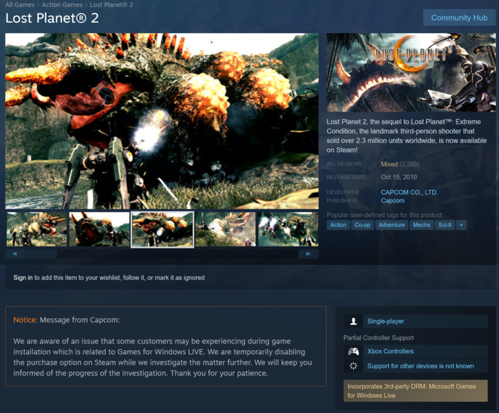 Page Steam de Lost Planet 2 avec la mise à jour de Capcom sur le multijoueur (Image source : Steam)
