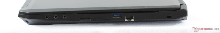 Côté droit : écouteur / SPDIF 3,5 mm, micro in, line out, emplacement mini SIM, lecteur SD, USB 3.0, Ethernet gigabit, verrou Kensington.