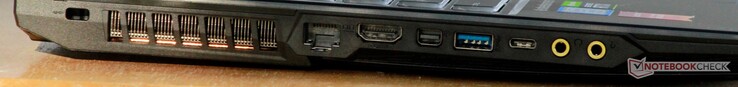 Côté gauche : Ventilation, Ethernet, HDMI 1.4, mini DisplayPort 1.2, USB A 3.1 Gen 1, USB C 3.1 Gen 1, écouteurs, micro.