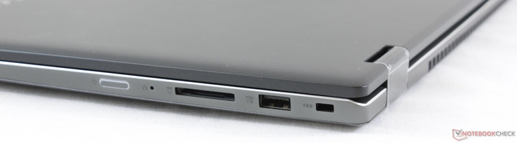 Côté droit : bouton de démarrage, lecteur de carte SD, USB 3.0, verrou de sécurité Kensington.