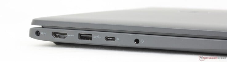 Gauche : Adaptateur secteur propriétaire, HDMI 1.4, USB-A 3.2 Gen. 1, USB-C 3.2 Gen. 2 avec DisplayPort 1.4 + Power Delivery, casque 3,5 mm